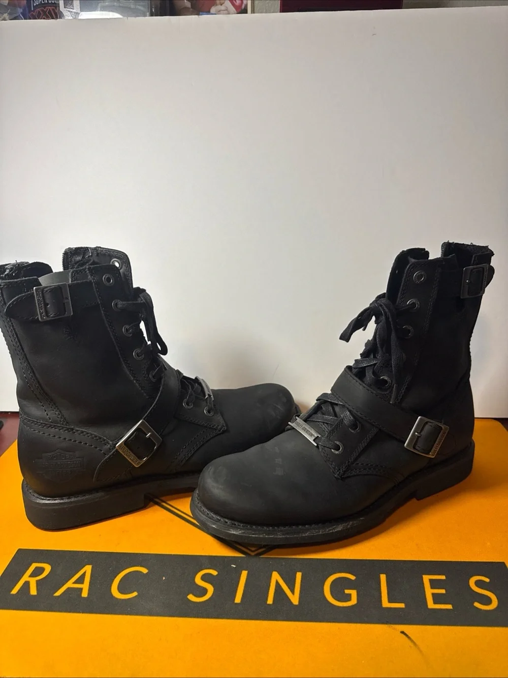 Harley Davidson D95264 Mens 11M Black Leather Riding Boots Lace Buckle Side Zip